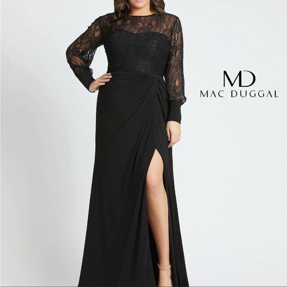 Mac Duggal Dress 67143 Sequin Lace Black Beaded Gown long sleeve slit 24W - Picture 5 of 13